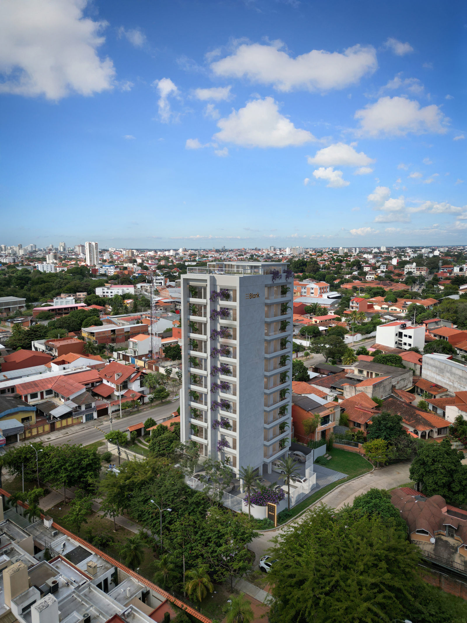 Vista aérea diurna de Blank Design sobre el barrio