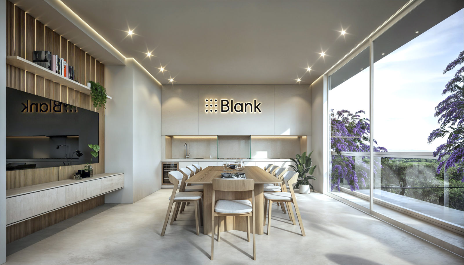 Comedor del clubhouse con la señalética de Blank
