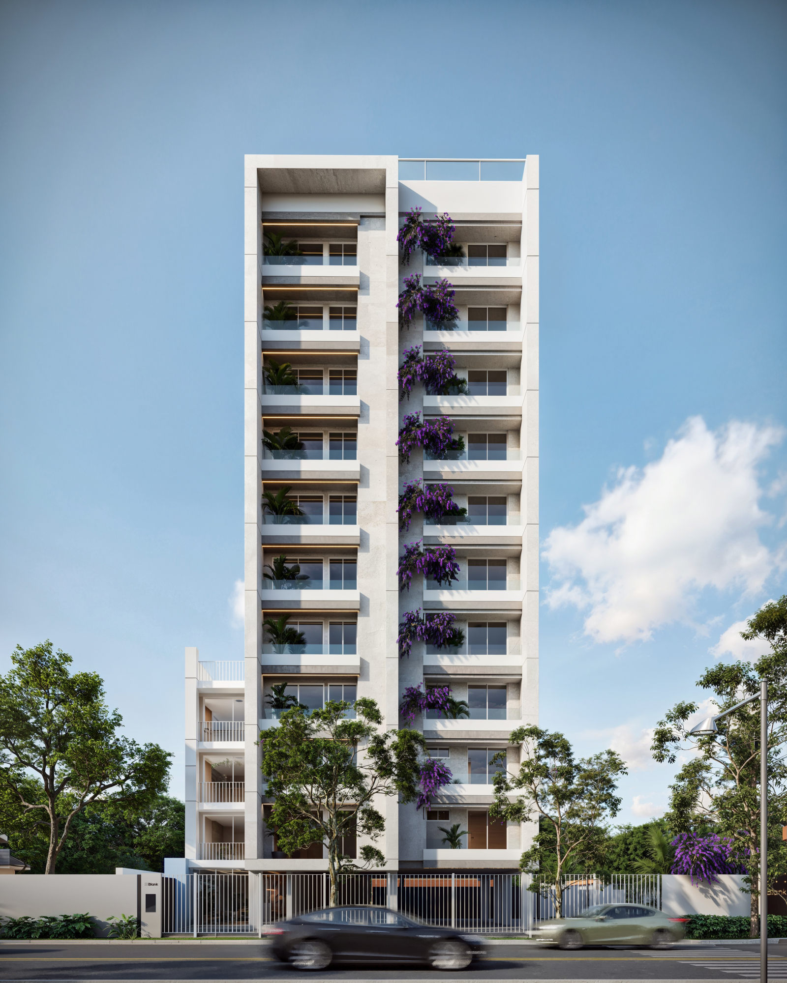 Vista frontal del edificio Blank Design en Equipetrol