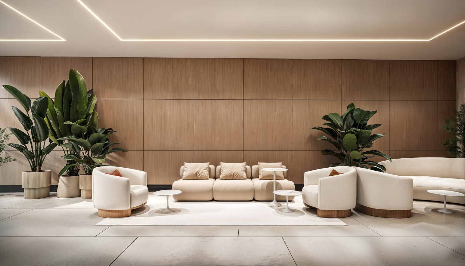 Lounge del área social, con sofás y vegetación