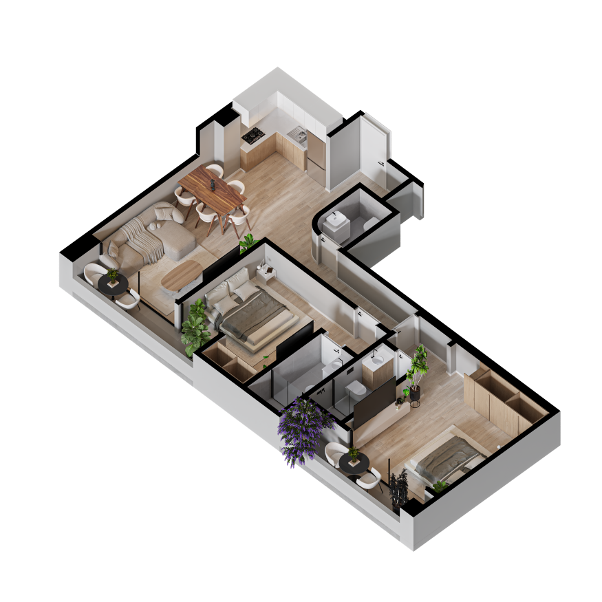 Plano axonométrico de la tipología de 84,43 m², con dos dormitorios y tres baños