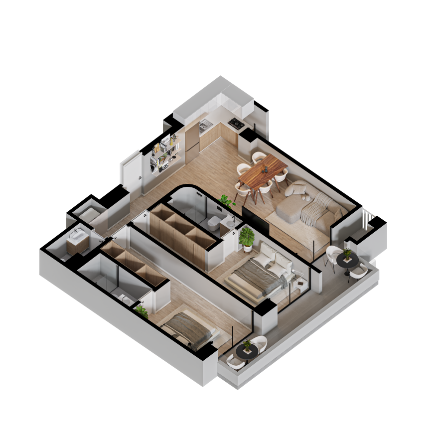 Plano axonométrico de la tipología de 86,69 m², con dos dormitorios y tres baños