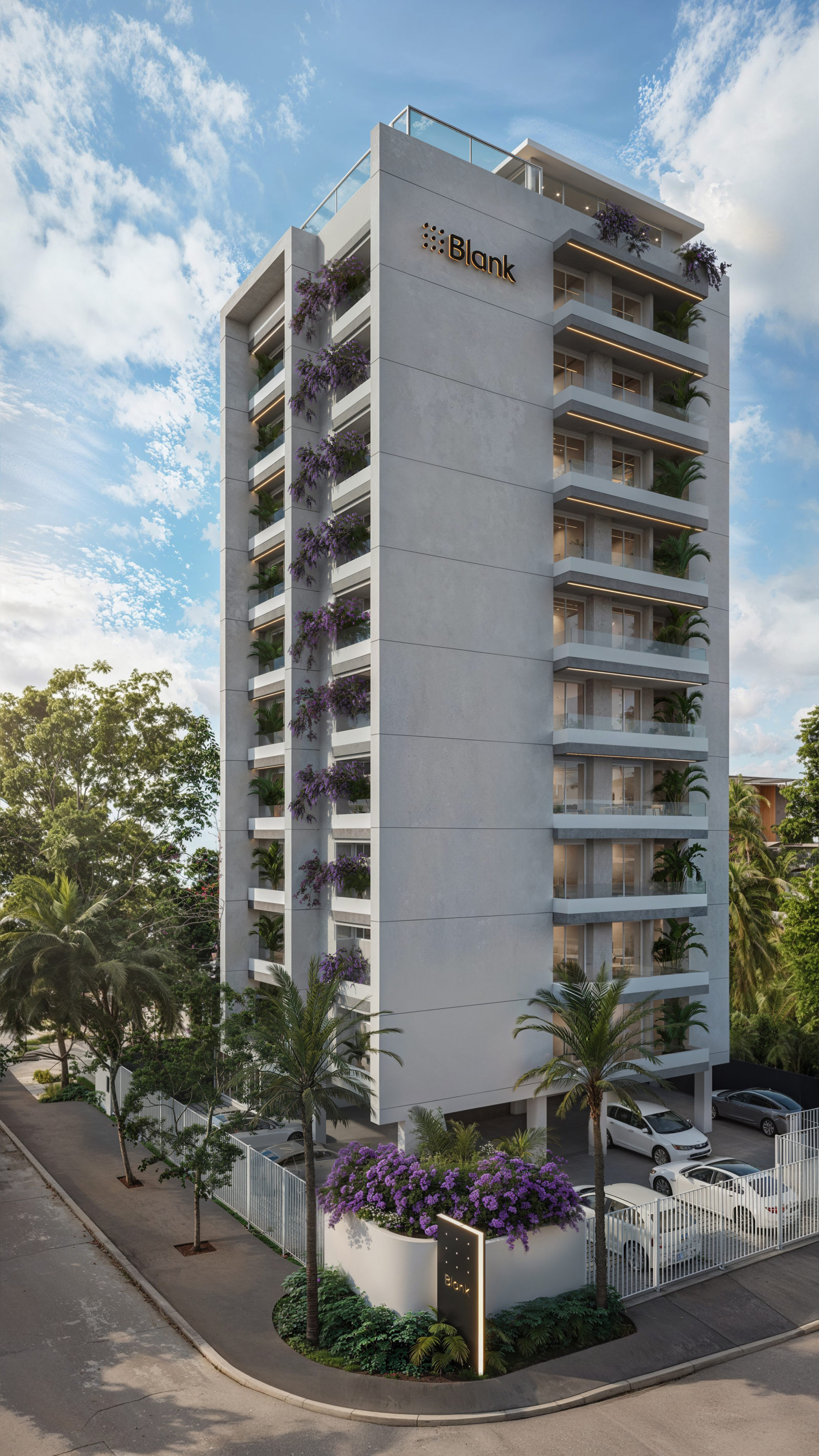 Vista completa de la torre Blank Design desde la calle, con palmeras en el frente